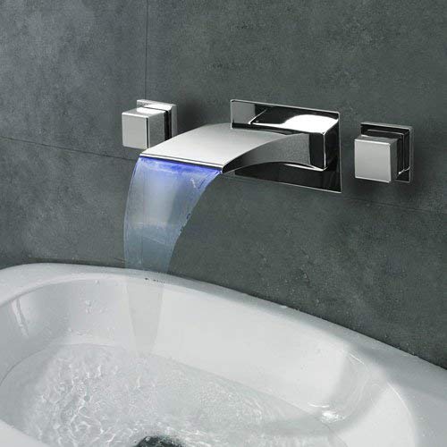 Lightinthebox Contemporary Wall Mounted LED / Waterfall with Ceramic Valve Two Handles Three Holes for Chrome Bathroom Sink Faucet