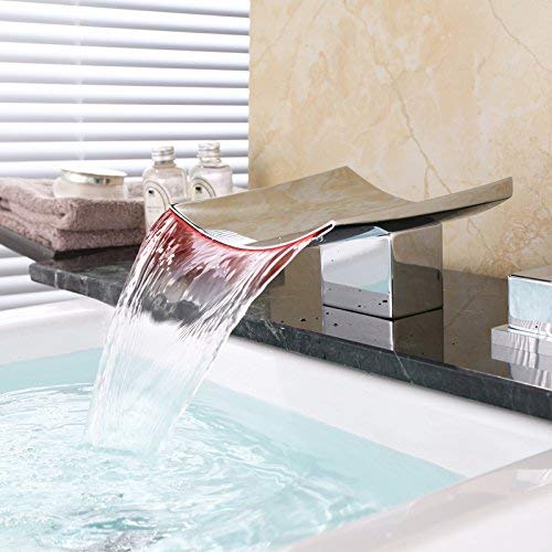Dr Faucet Deck Mount Two Handle Widespread LED Waterfall Bathroom Bath Tub Faucet Chrome 6.3 Inch Spout