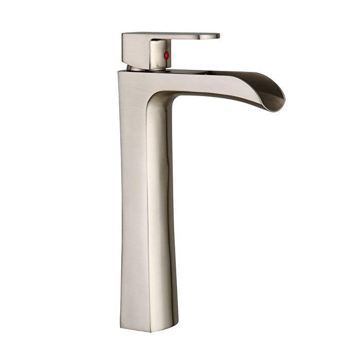 BWE Waterfall Spout Bathroom Vessel Sink Faucet Single Handle One Hole Deck Mount Brushed Nickel