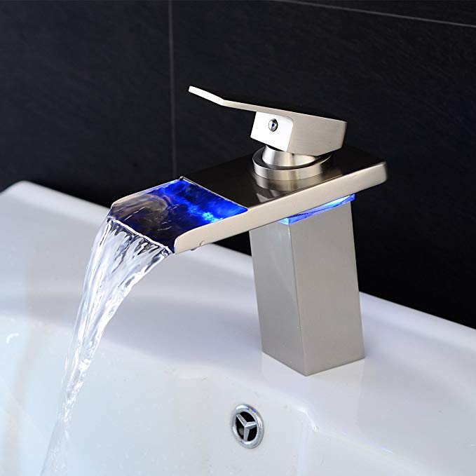 Sprinkle Stylish Single Handle Nickel Brushed LED Waterfall Bathroom Sink Faucet LED Colors Changing Tap Temperature Control Light