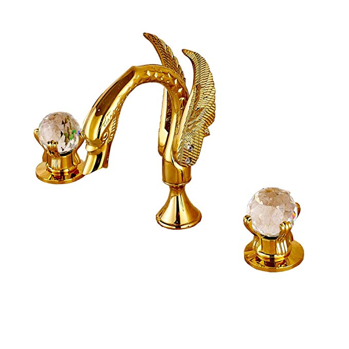 Rozin Double Crystal Knobs Basin Faucet Widepspread 3 Holes Sink Mixer Tap Gold Finish