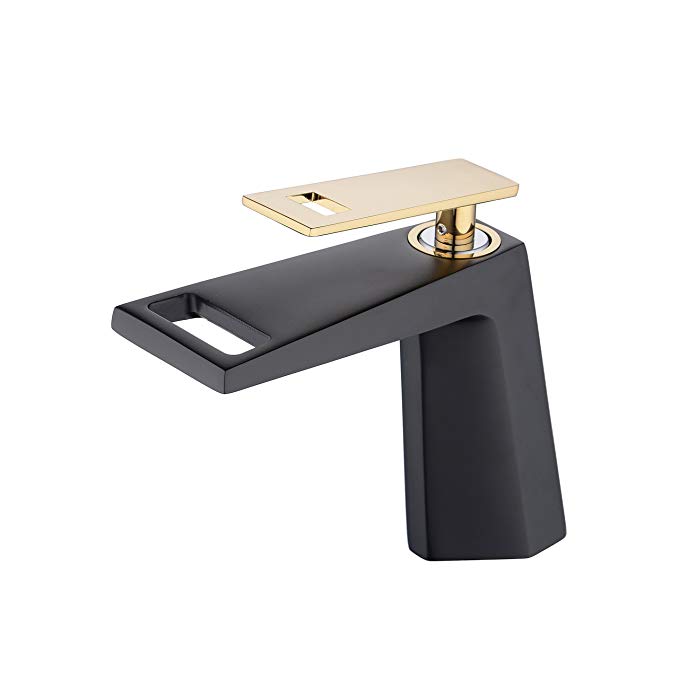Bathroom Sink Faucet-Waterfall Brass Lavatory Vanity Faucet,Single Hole Single Handle, Lead Free,Black Painting and Gold Polished