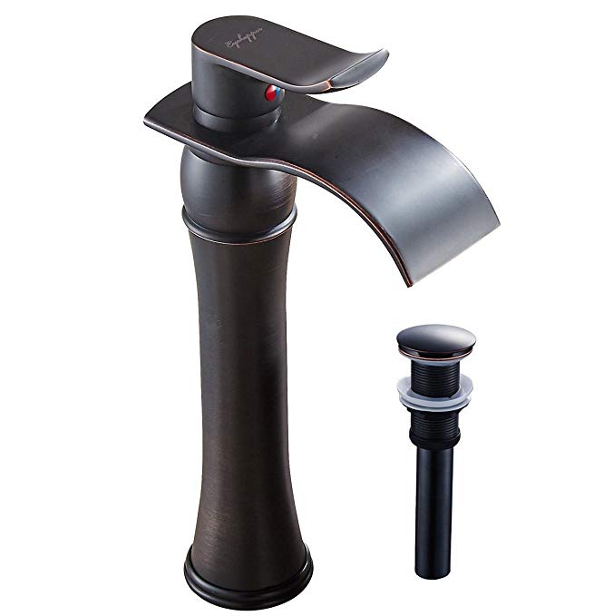 BWE Waterfall Spout Single Handle Bathroom Sink Vessel Faucet Basin Mixer Tap, ORB Oil Rubbed Bronze Lavatory Faucets Tall Body