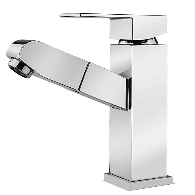 HOMFA Bathroom Sink Faucets Kitchen Basin Mixer Tap for Hot and Cold Water, Single Handle with Faucet Aerator, Flexible Pull Down Sprayer Chrome Plating