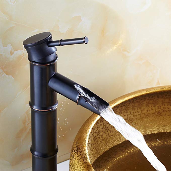 Auralum Waterfall Faucet Bathroom Basin Oil Rubbed Bronze Bamboo Faucet Lavatory Hot/Cold Mixer Faucet Chrome Finish Brass Single Handle Faucets