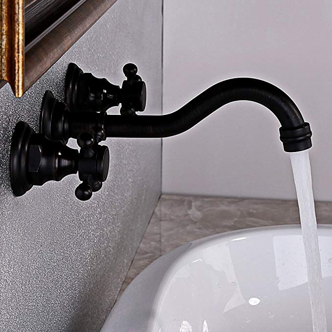 JiaYouJia Antique Black Solid Brass Widespread Sink Faucet Wall Mount