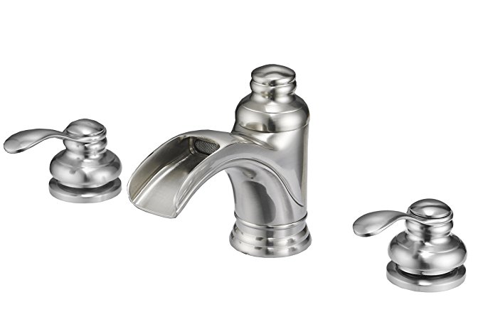 BWE Brushed Nickel Waterfall 8-16 Inch 3 Holes Two Handle Widespread Bathroom Sink Faucet